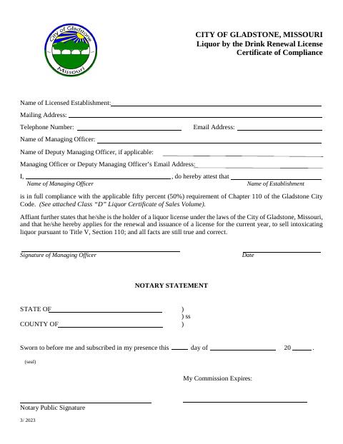 First page of the Liquor by the Drink Renewal Compliance Certificate