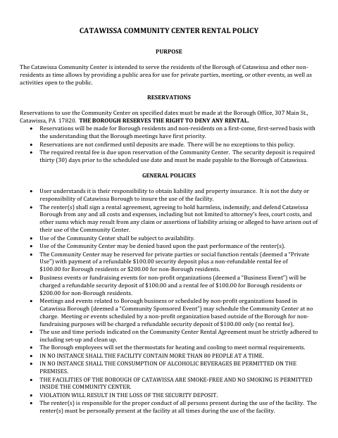 First page of the Community Center Rental Policy and Agreement