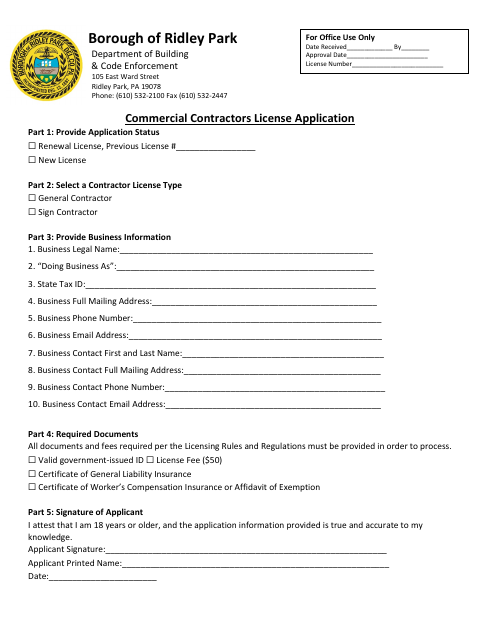 First page of the Commercial Contractors License Application