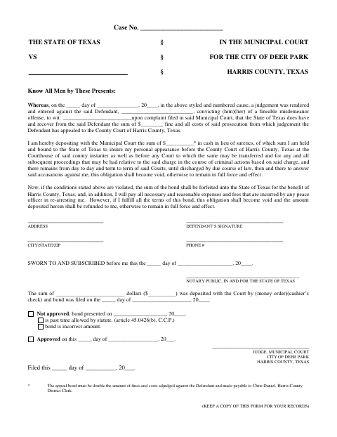 First page of the Municipal Court Appeal Bond