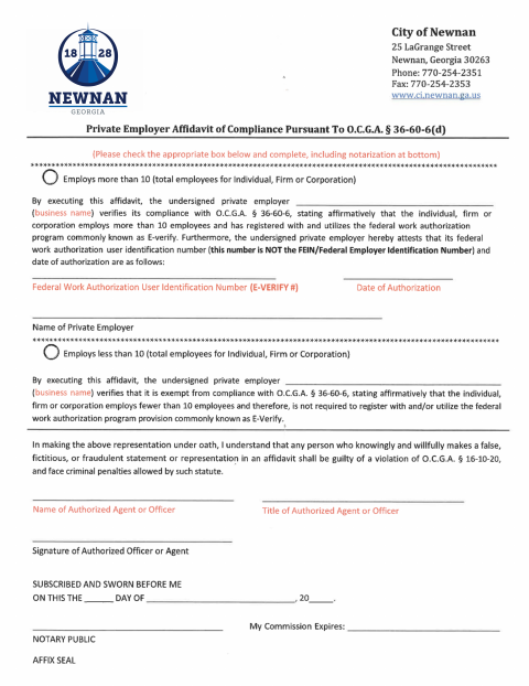 First page of the Private Employer Affidavit of Compliance