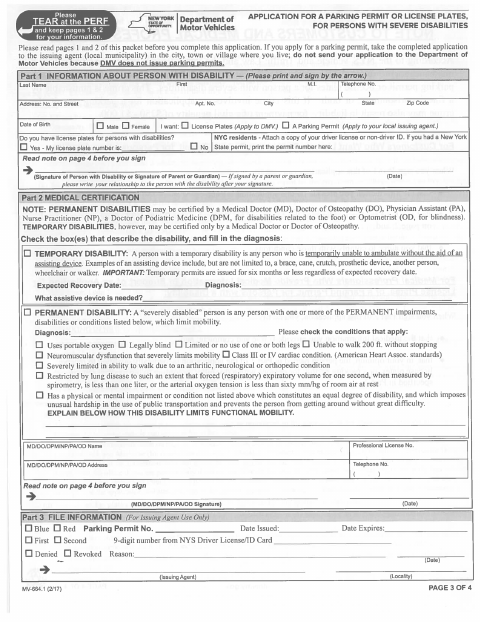 First page of the Application for a Parking Permit or License Plates for Persons with Severe Disabilities