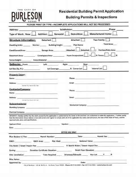 First page of the Residential Building Permit Application