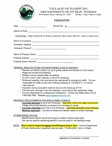 First page of the Right of Way Permit Application