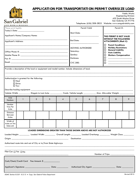 First page of the Application for Transportation Permit Oversize Load