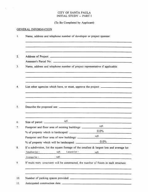 First page of the Initial Study Questionnaire
