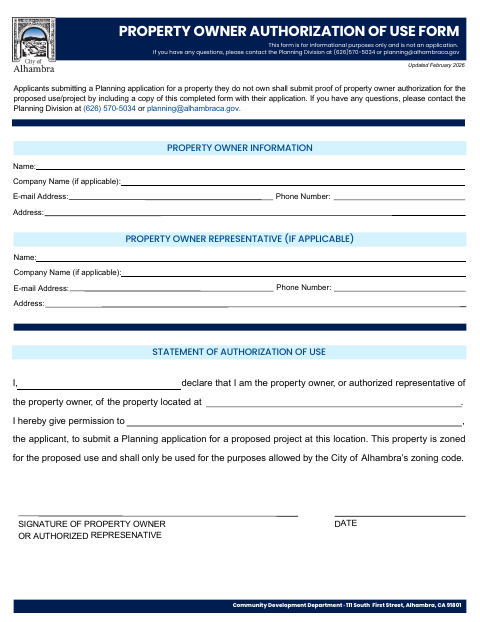 First page of the Property Owner Authorization of Use Form