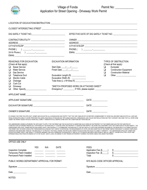 First page of the Application for Street Opening - Driveway Work Permit