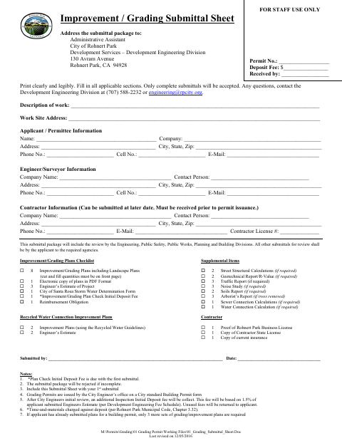 First page of the Improvement/Grading Permit Application