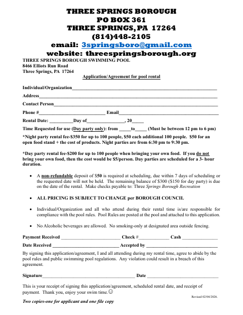 First page of the Community Swimming Pool Rental Application