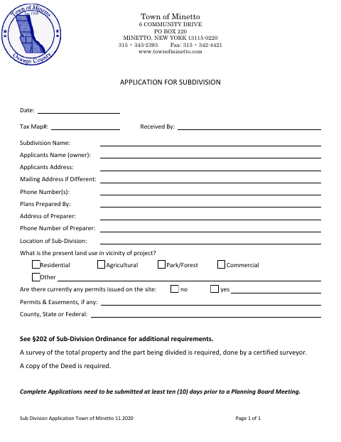First page of the Subdivision Application