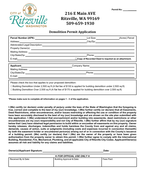 First page of the Demolition Permit Application