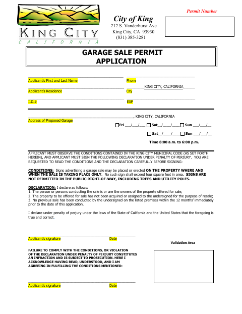 First page of the Garage Sale Permit Application