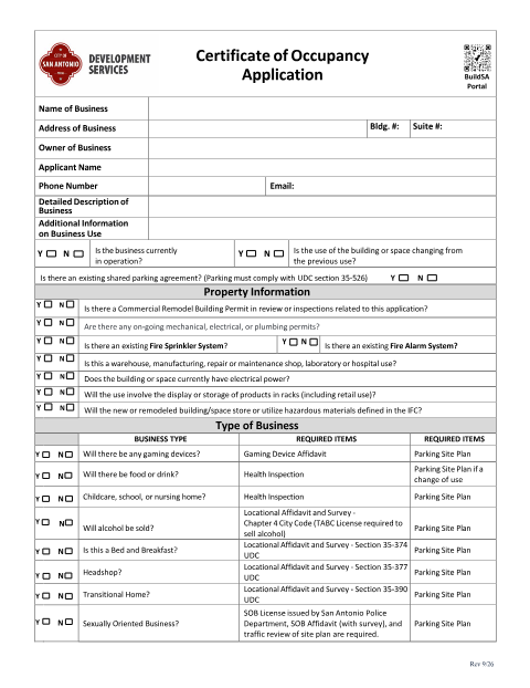 First page of the Certificate of Occupancy Application