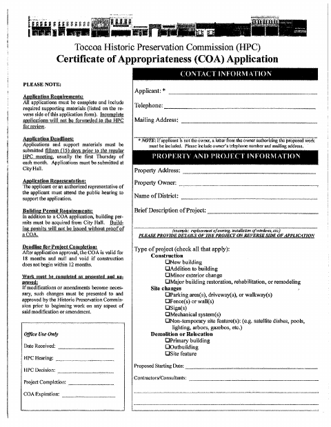 First page of the Certificate of Appropriateness Application With Checklist