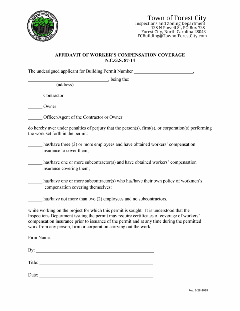 First page of the Affidavit of Workers’ Compensation Coverage