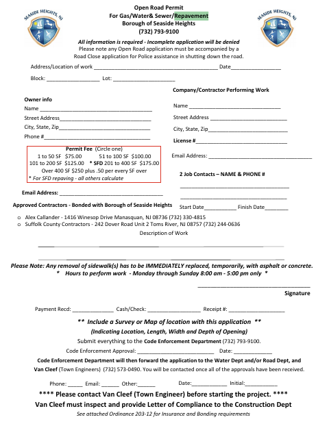 First page of the Open/Close Repaving Road Application