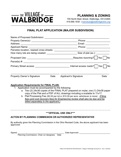 First page of the Final Plat Major Subdivision Application