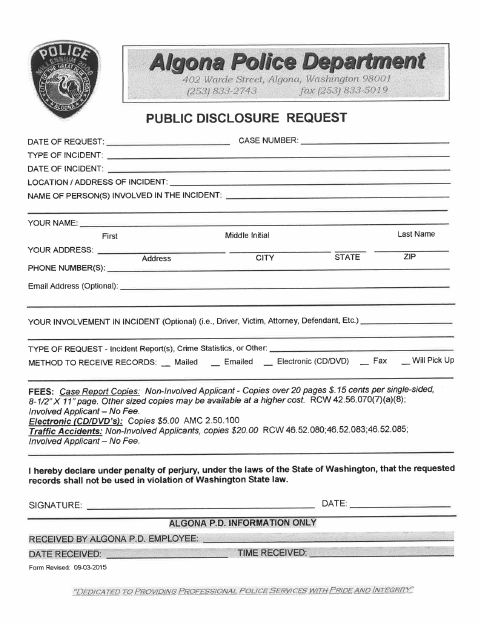 First page of the Police Public Disclosure Request