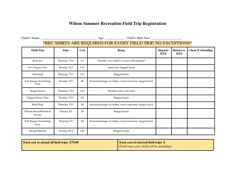 First page of the Summer Recreation Field Trip Registration