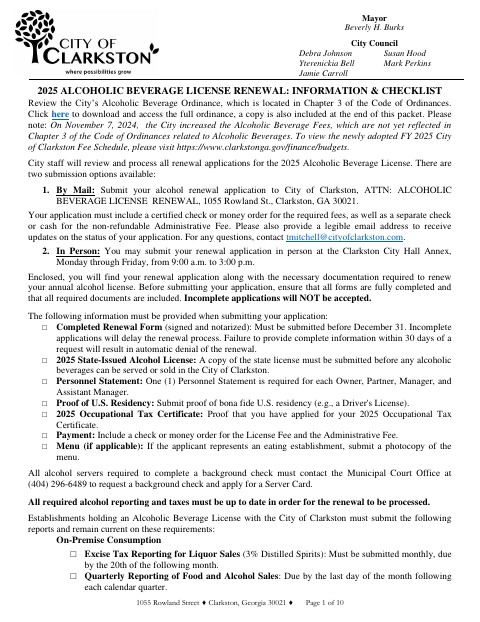 First page of the Alcoholic Beverage License Renewal Application