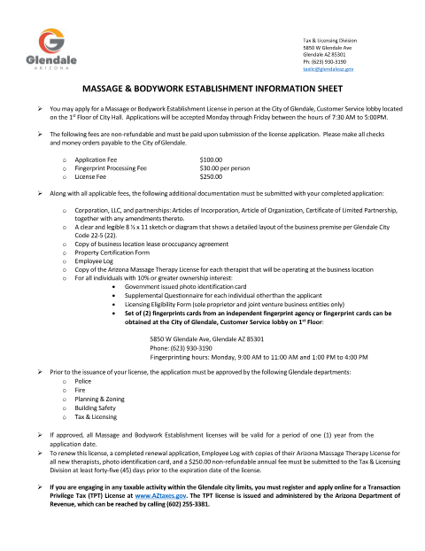 First page of the Massage and Bodywork Establishment License Packet