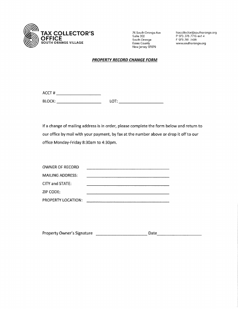 First page of the Property Record Change of Mailing Address Form