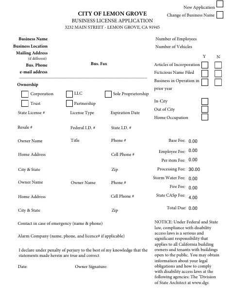 First page of the Business License Application