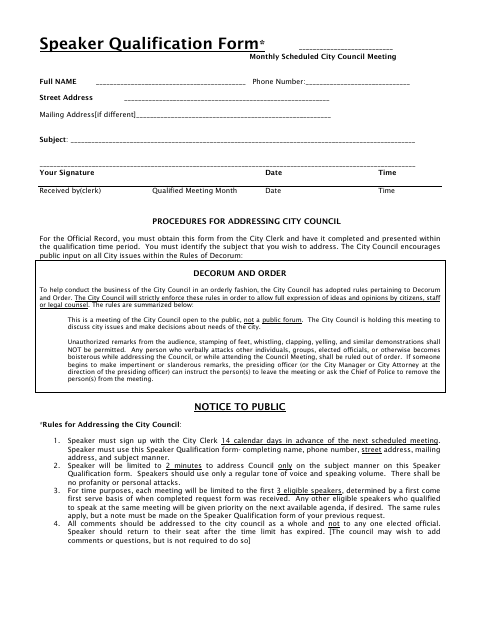 First page of the Speaker Qualification Form
