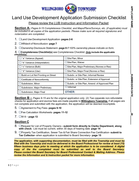 First page of the Planning Board and Zoning Board Application