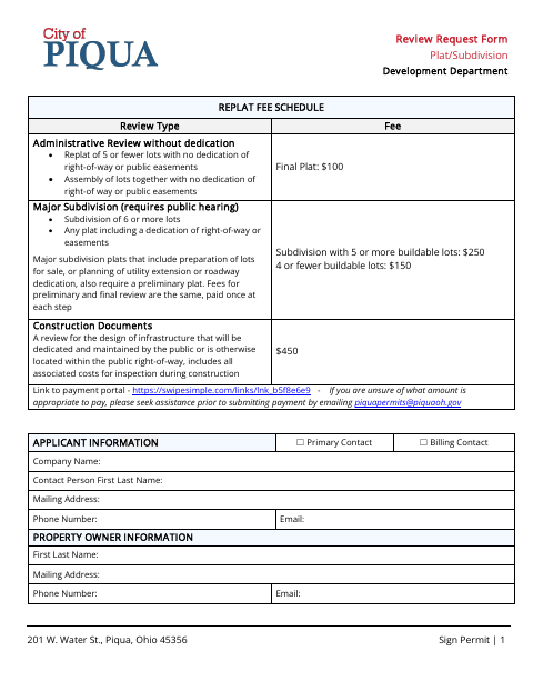 First page of the Plat and Subdivision Review Request Form