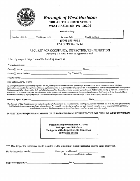 First page of the Residential Occupancy Inspection Request