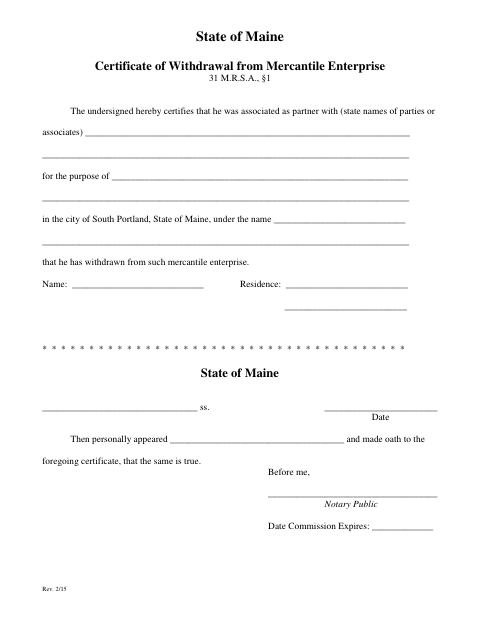 First page of the Certificate of Withdrawal from Mercantile Enterprise