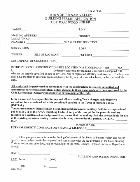 First page of the Outdoor Wood Boiler Permit Application