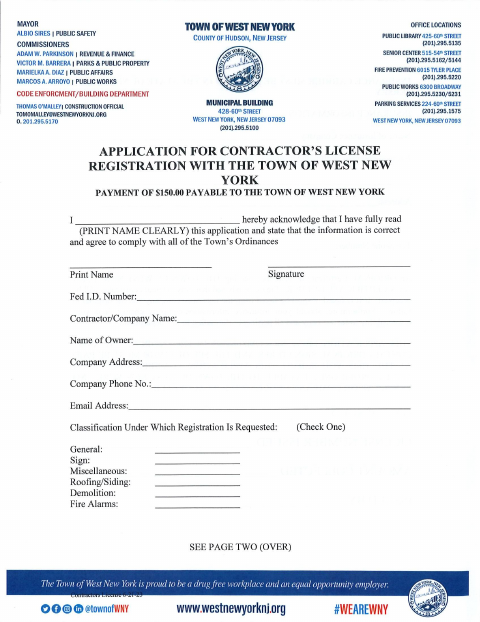 First page of the Contractor License and Registration Application