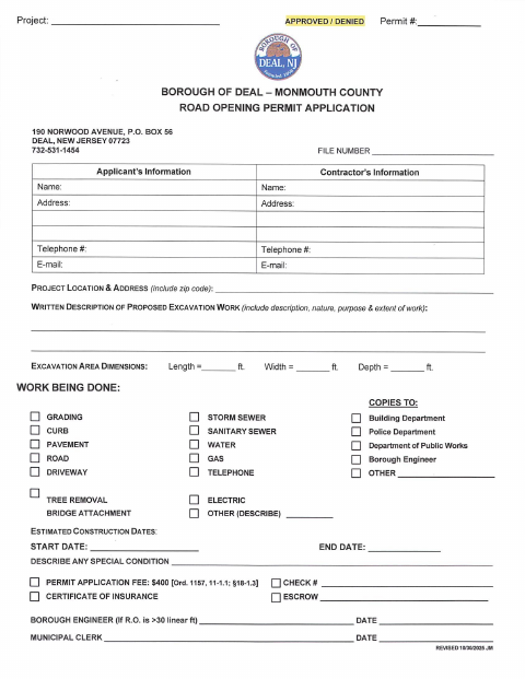 First page of the Road Opening Permit Application