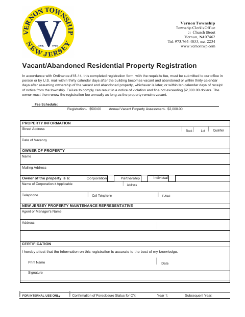 First page of the Vacant/Abandoned Residential Property Registration