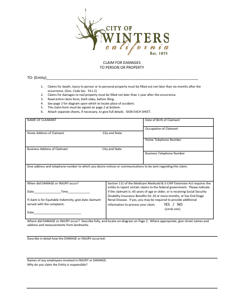 First page of the Claim for Damages to Person or Property