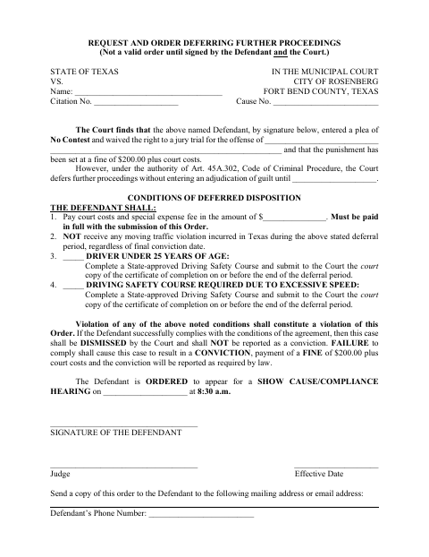 First page of the Request and Order Deferring Further Proceedings
