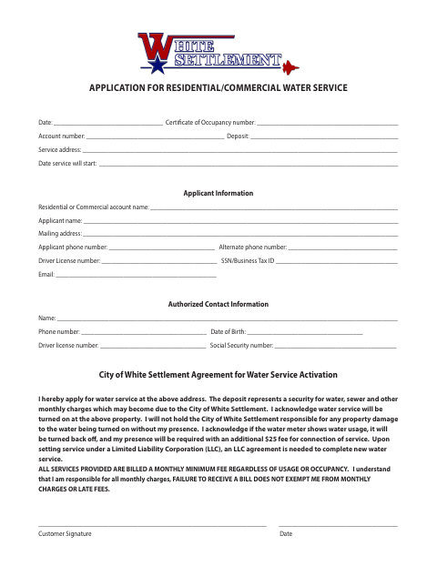 First page of the Application for Residential/Commercial Water Service