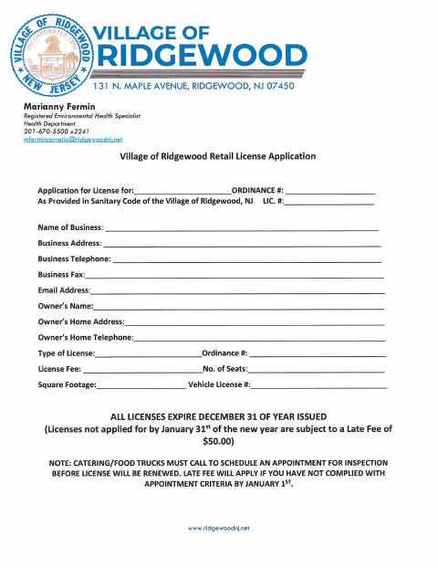 First page of the Retail Food Application – No Changes to Facility