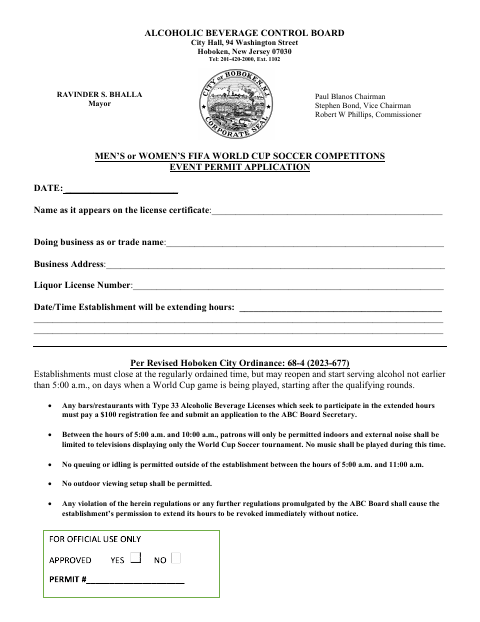 First page of the Men’s or Women’s FIFA World Cup Soccer Competitions Event Permit Application