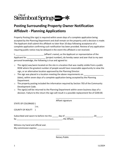 First page of the Surrounding Property Owner Notification Affidavit