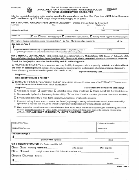 First page of the Application for Persons with Disabilities Parking Permit