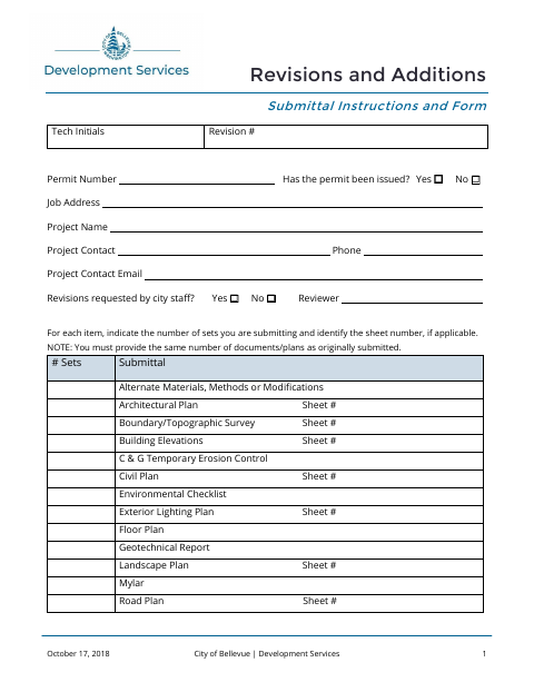 First page of the Revisions and Additions Submittal Instructions and Form