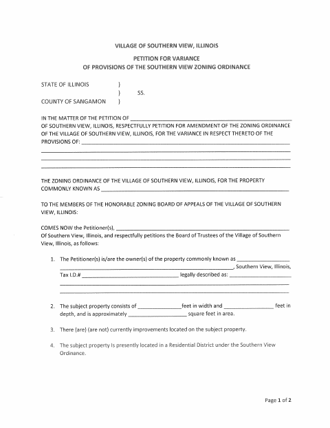 First page of the Petition for Variance of Zoning Ordinance Provisions