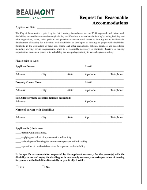 First page of the Request for Reasonable Accommodations Application