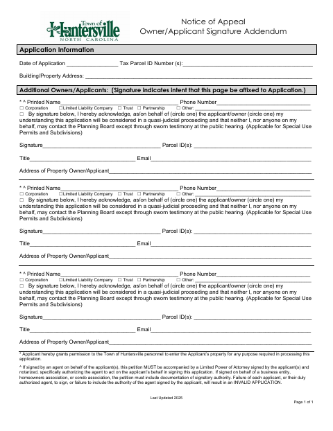 First page of the Appeal Application Addendum