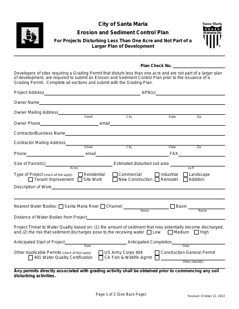 First page of the Erosion and Sediment Control Plan Application