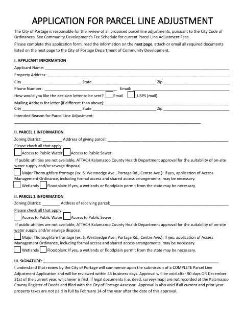 First page of the Application for Parcel Line Adjustment